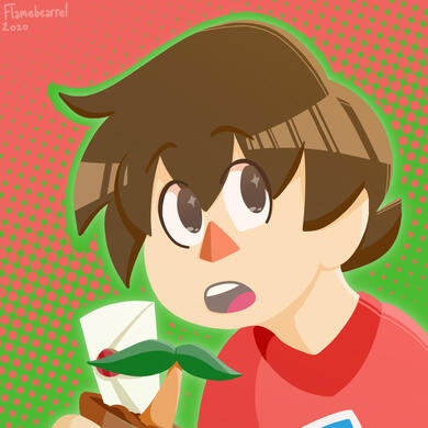 Drawing of the SSB Villager on a red-green spotted background. Holds a pot with a plant & letter & has a starry-eyed expression.