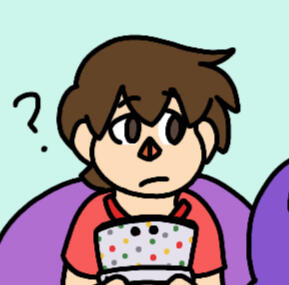 Drawing of the SSB Villager against a light blue and purple background. Looking up from his 3DS with a confused glance.