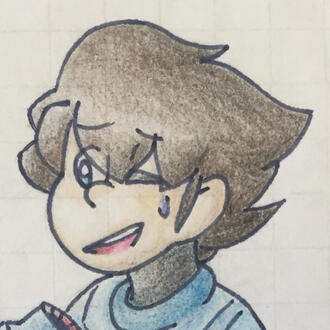 Traditional drawing of Mega Man, nervously smiling.