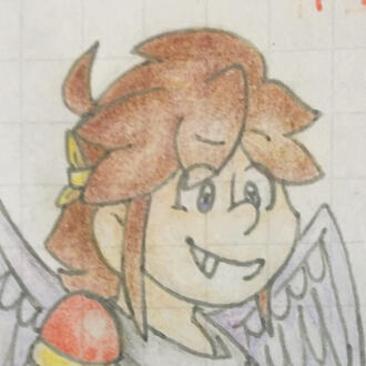 Traditional drawing of Pit from Kid Icarus, smiling wide and raising a brow.