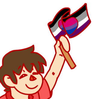 Drawing of Villager waving a flag with the asexual biromantic design.
