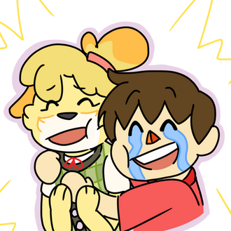 Drawing of Villager with his arms wrapped around Isabelle in a hug. Both of them have huge grins on their faces.