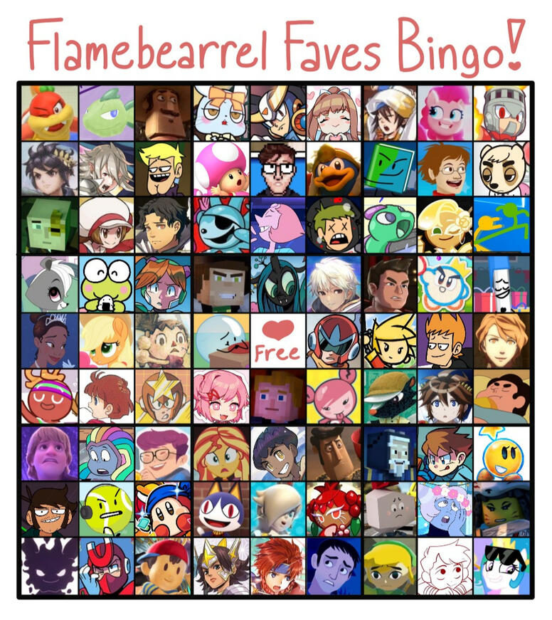 9-by-9 bingo card with official images of characters from various media. Labeled "Flamebearrel Faves Bingo!" at the top.